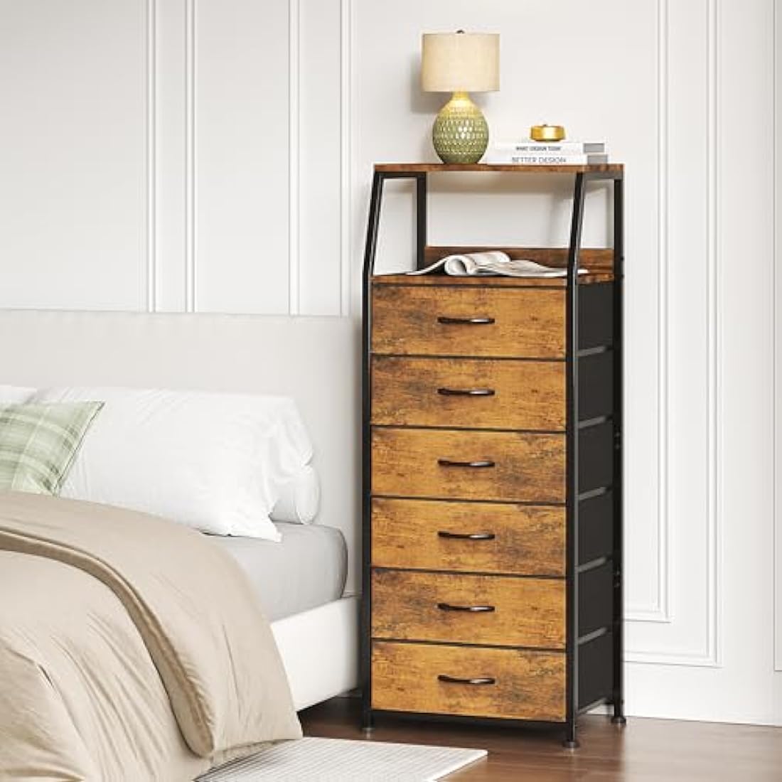 CAIYUN Chest of Drawers Bedroom with 6 Drawers, Tall Fabric Dresser with Shelf, Fabric Dresser for Entryway Hallway Living Room, Closet Storage Drawer, Rustic Brown