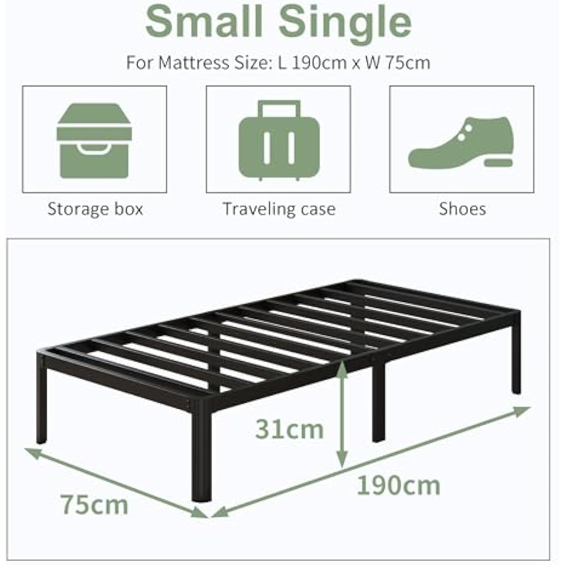 Lutown-Teen Small Single Bed Frame 30 cm High with Rounded Corner Legs, Heavy Duty Metal Small Single Bed Frames 2ft6, Noise Free, Easy Assembly