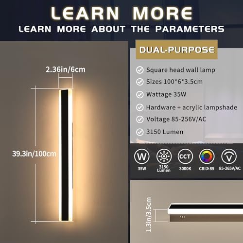 Mikeru Outdoor Light Modern 100cm, 2Pack Warm White Exterior Black Long Wall Light 3000K Contemporary Outdoor Wall Lights 35W Garden Wall Lights Mains Powered for Villa, Courtyard Doorway
