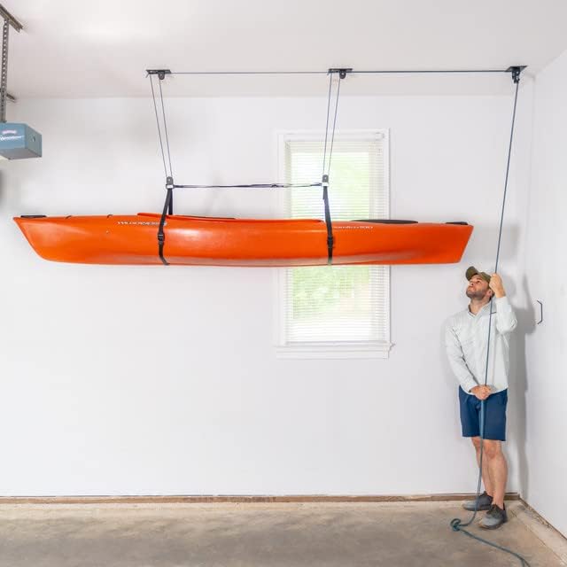 Teal Triangle Pulley Hoist for Kayaks, Canoes, and Paddleboards - Heavy Duty Garage Storage Lift - Kayak Hanger Holds 150 lbs and Fits 10-14 ft Tall