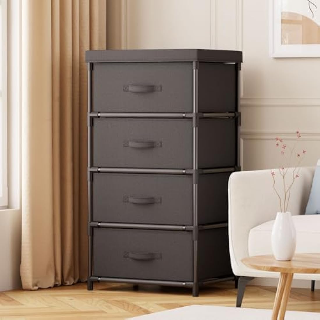 WANGIRL Fabric Chest of Drawers Bedroom, 4 Drawers Storage Unit with Sturdy Steel Frame, Dresser Drawers for Bedroom, Living Room, Hallway, Office and Closet - Black