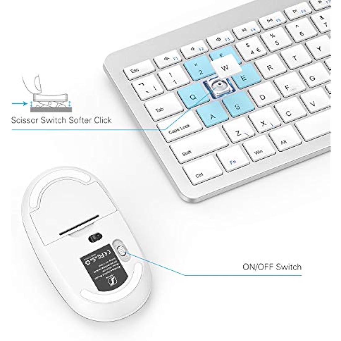 seenda Wireless Keyboard and Mouse Set, SK38 Ultra Slim Quiet USB Wireless Keyboard and Mouse Full Size QWERTY UK Layout with Numeric Keypad for Windows PC, Laptop, Computer, White and Silver