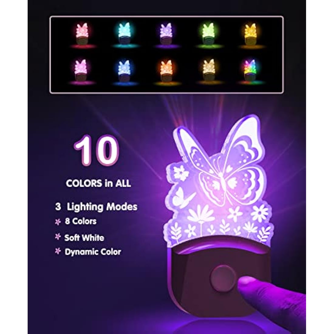 LOHAS-LED Butterfly Night Light for Kids, LOHAS Plug in Night Light, LED Night Light Dusk to Dawn Sensor, RGB + Warm White, 3 Lighting Modes, Gifts for Girls, Kids, Room Decor
