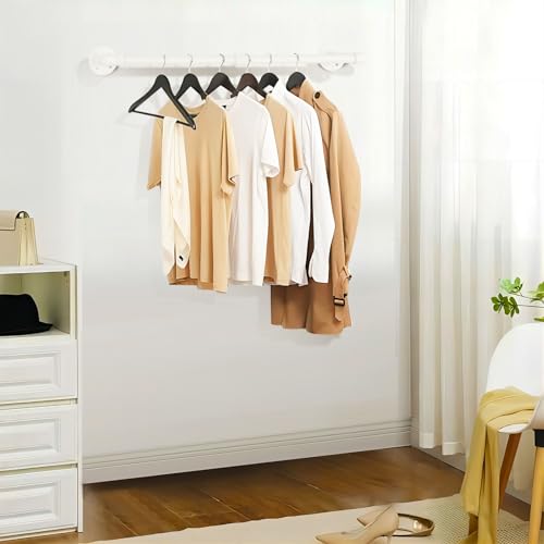 Yawinhe Industrial Pipe Clothes Rack, 80cm Wall Mounted Clothes Rail, Heavy Duty Detachable Wardrobe Rail for Laundry, Living Room, White, 2 Pack