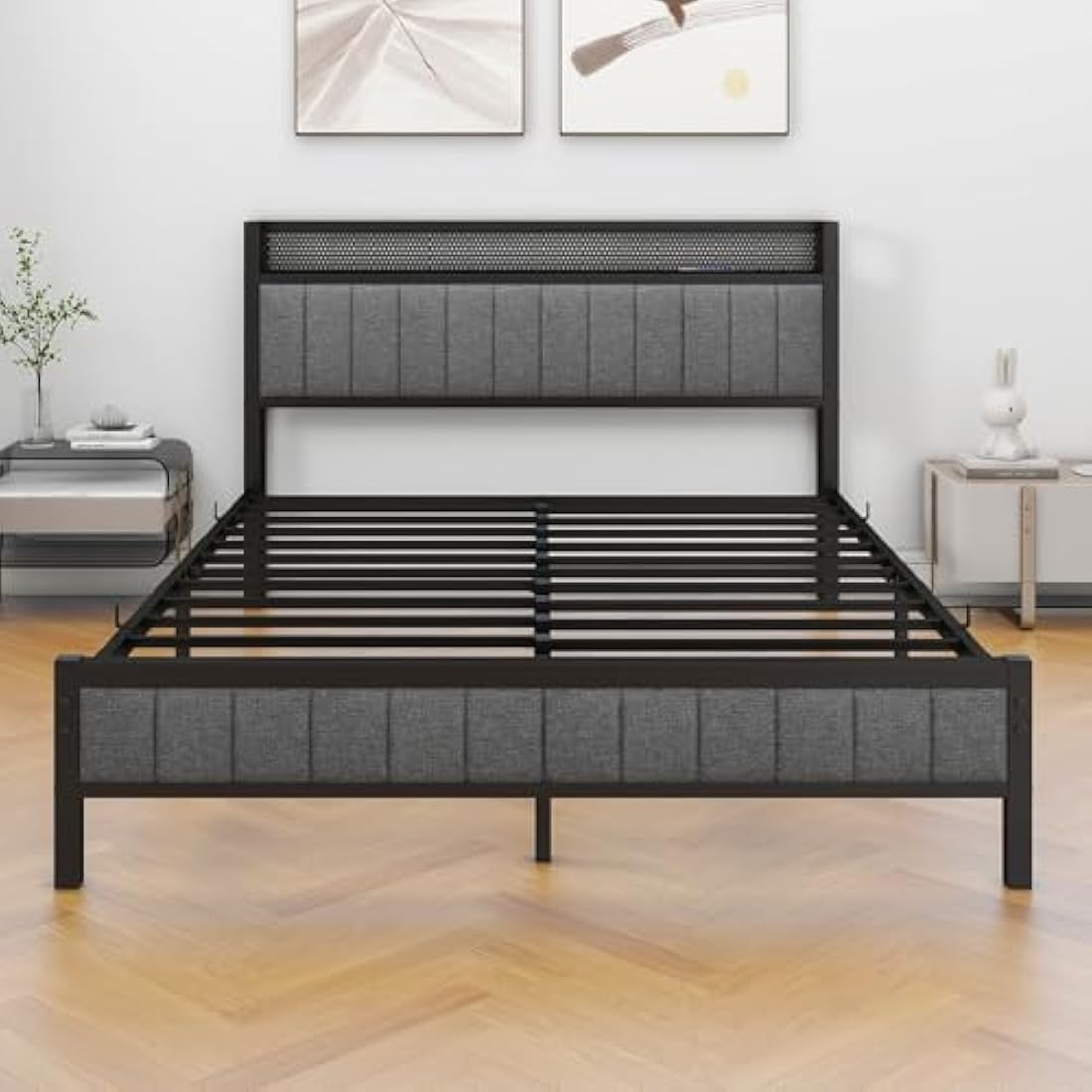 MOFLUT King Size Bed Frame with Wooden Storage Headboard Shelf, Upholstered Bed Frames King Size with Metal Slats Enhanced Support, No Box Spring Needed, Gray King Bed