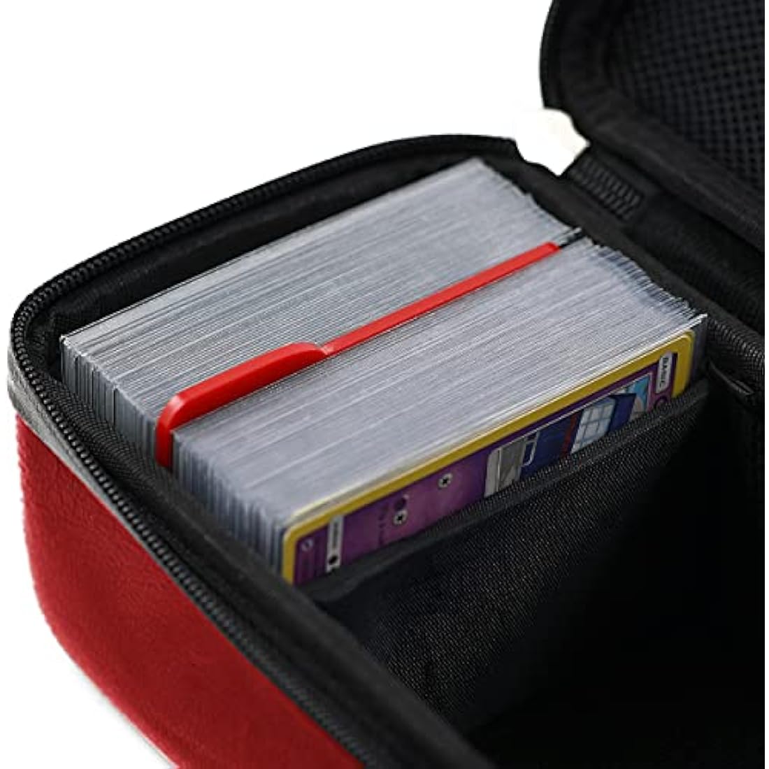 Quiver Time Red Bolt Card Carrying Case fits PM Cards and other TCG Games - Storage Bag for Playing/Trading Cards and Deck Box (Straps, Dividers & 100 Apollo Card Sleeves)
