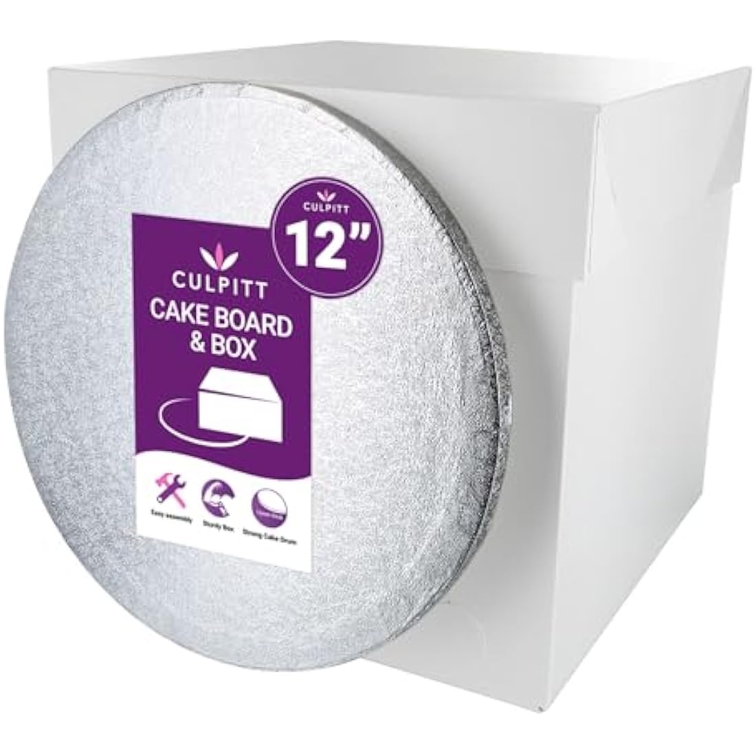 Culpitt 12" Round Silver Cake Drum Board & Tall White Box Combo, 12 x 12 x 12 Inch Square Box and Matching Circle Set for Tiered or Decorated Cake Transport