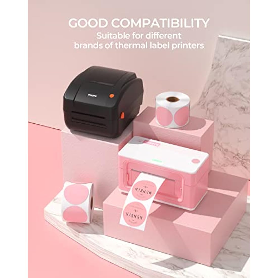 MUNBYN 50x50mm Pink Circle Thermal Sticker Labels, Self-Adhesive Round Direct Thermal Labels, Multi-Purpose Roll Sticker Labels for DIY Logo Design, QR Code, Name Tag, Inventory-Pink 750 Labels/1 Roll