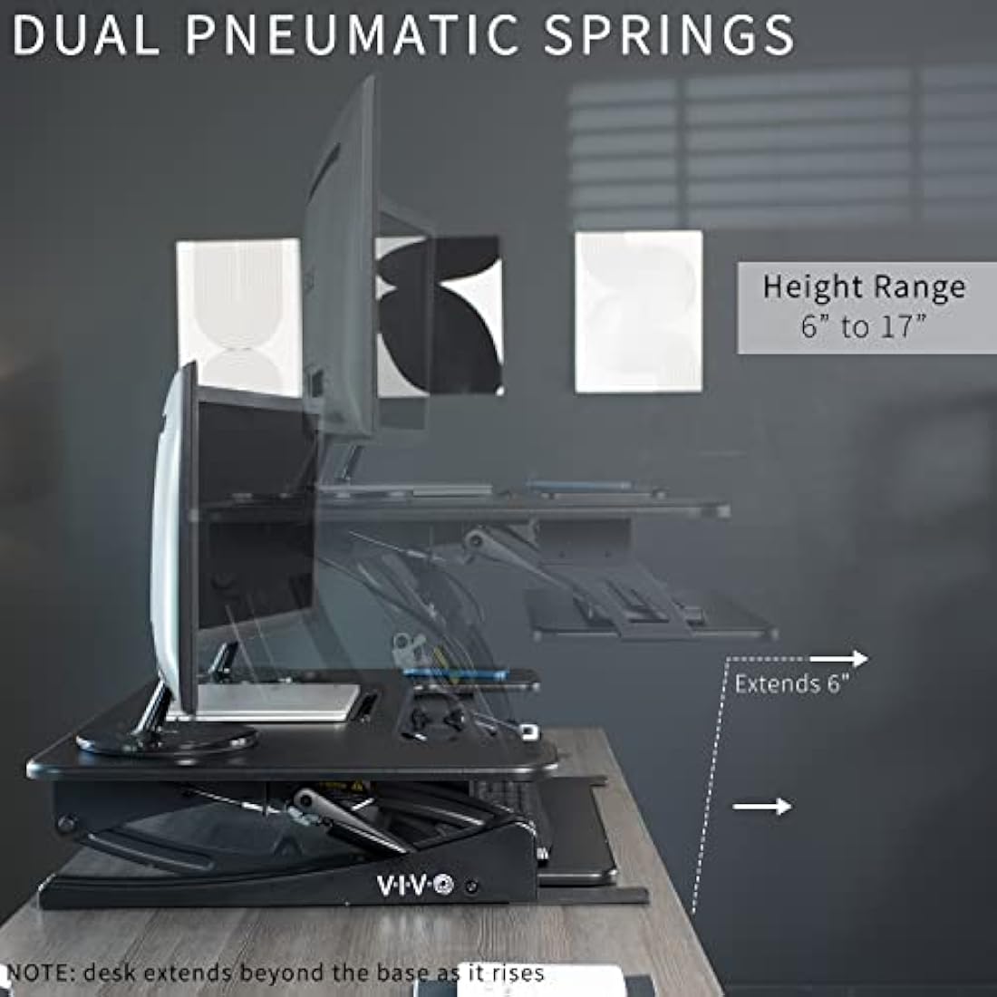 VIVO 107cm Height Adjustable Stand Up Desk Converter, V Series, Quick Sit to Stand Tabletop Dual Monitor Riser Workstation, Black, DESK-V000VL