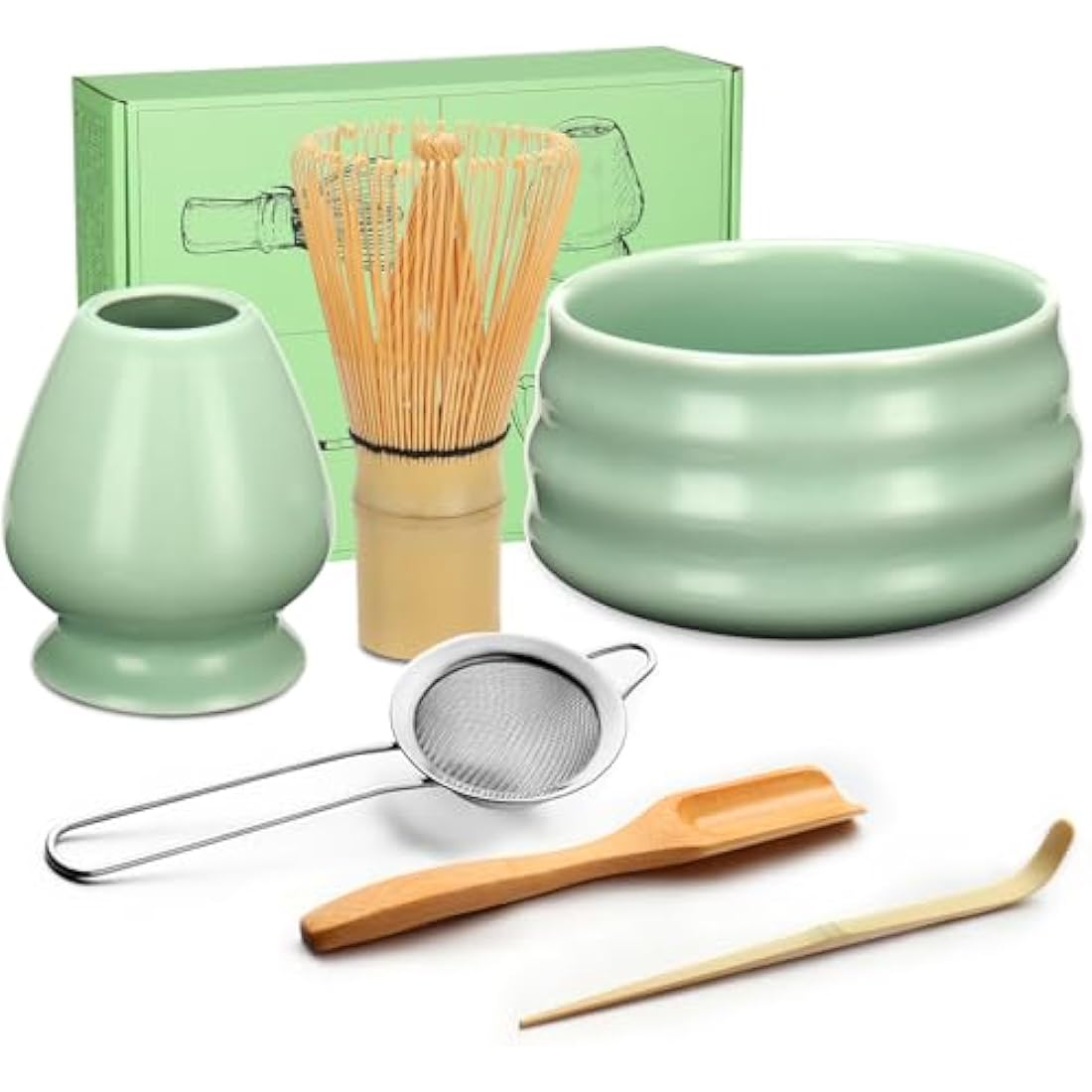 Geebuzz Matcha Whisk Set - Matcha Bowl and Bamboo Matcha Whisk, Scoop, Spoon, Sifter, Whisk Holder, 6pcs Perfect Matcha Starter Kit for Matcha Tea Ceremony (Green)