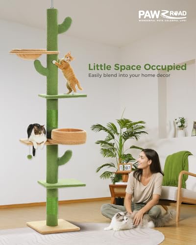 PAWZ Road Cactus Cat Tree Floor to Ceiling 5 spacious Platforms, Cat Tower 1 Hammock and Dangling Balls for Indoor Cats Adjustable Height(205-255cm)