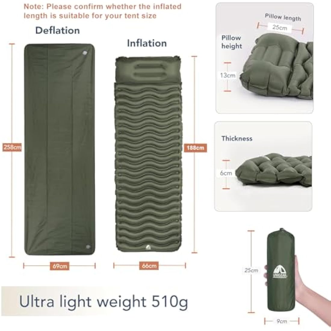 Unigear Ultralight Inflatable Sleeping Pad, Compact Air Camping Mat,Lightweight Camping Mattress for Backpacking, Hiking and Traveling, 187cm(L) x66cm(W) x5.5cm(H)