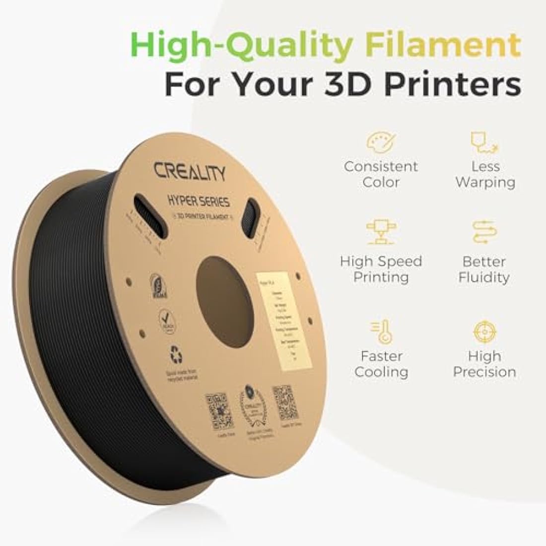 Official 3D Printer Filament Hyper PLA Filament, Creality PLA Filament for High-Speed Printing, Durable and Resistant, Overhang Performance Dimensional Accuracy +/-0.03mm, 2Kg (Black+Black)
