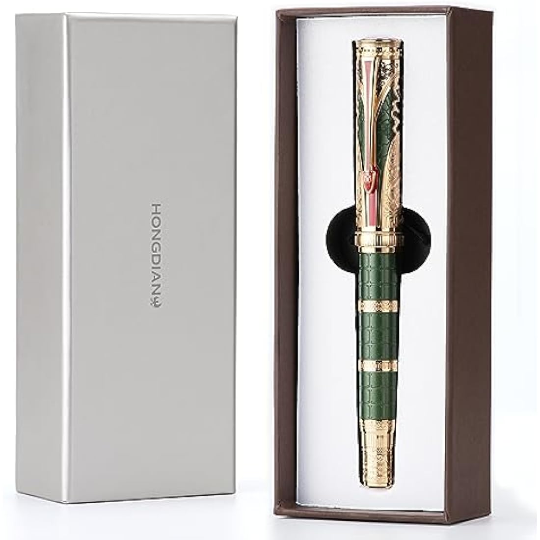 Hongdian D5 Qin Dynasty Fountain Pen Green Gold, Fine Nib Piston Filling Pen with Box Set