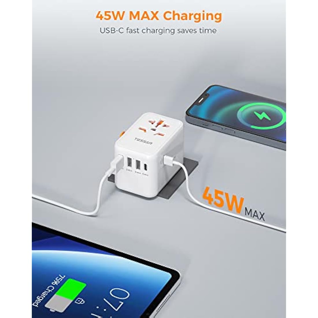 TESSAN Universal Travel Adapter Worldwide with PD 45W USB C Fast Charging, 6 in 1 Universal Plug Adaptor UK to World, International Travel Adapter for Multi Countries EU, USA, UK, AU, Thailand etc