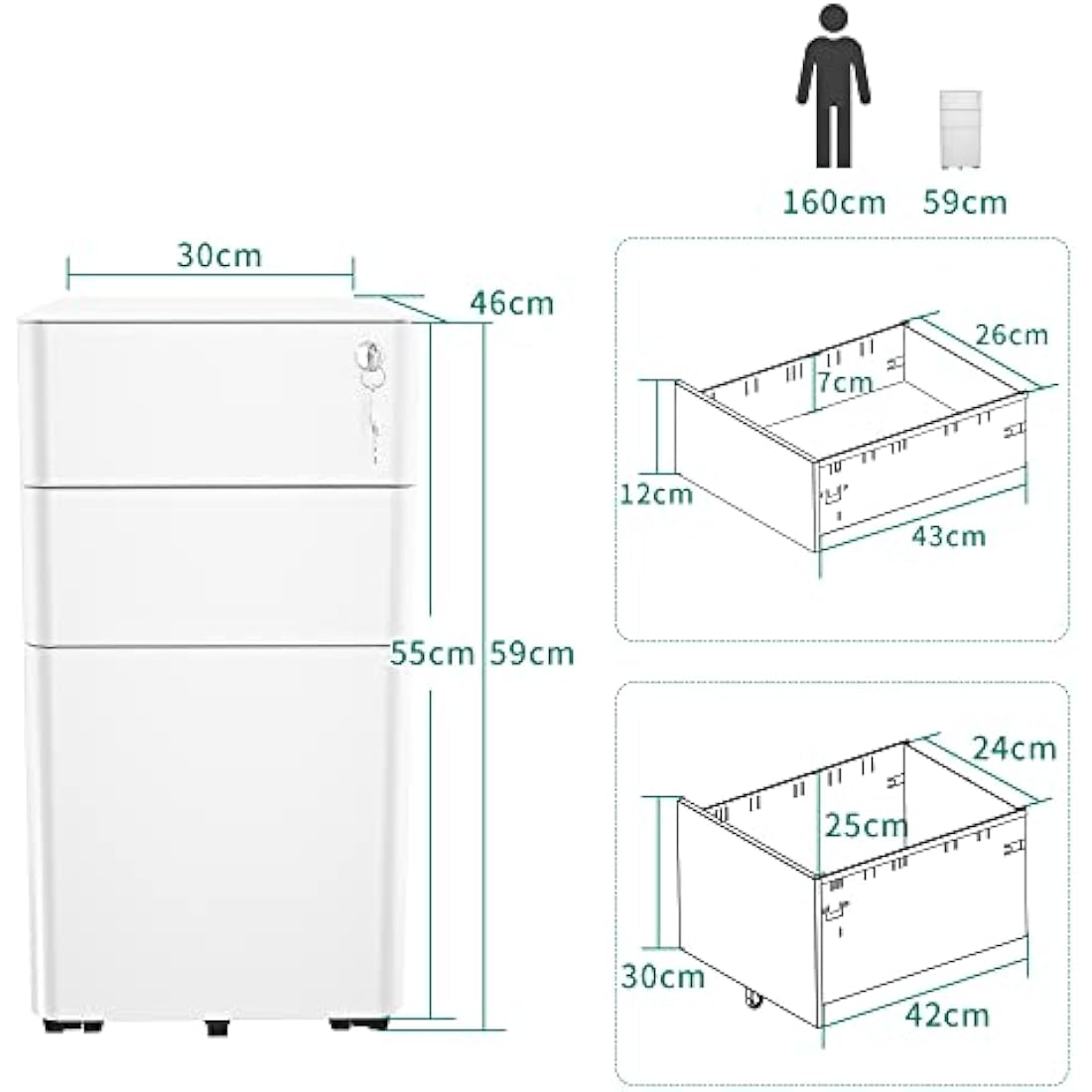YITAHOME File Cabinet Metal with 3 Lockable Drawers, Mobile Filing Cabinet for Home Office, Under Desk File Office Drawers for Letter/Legal/A4, Fully Assembled, White, 30 x 46 x 59cm