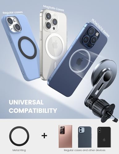 Lamicall for MagSafe Car Mount [Glass Panel] - Metal Magnetic Car Phone Holder with 20x N52 Magnet, Air Vent Cradle Hook for iPhone 16 15 14 13 Pro/Max/Plus/Mini & MagSafe Case, Others with Metal Ring