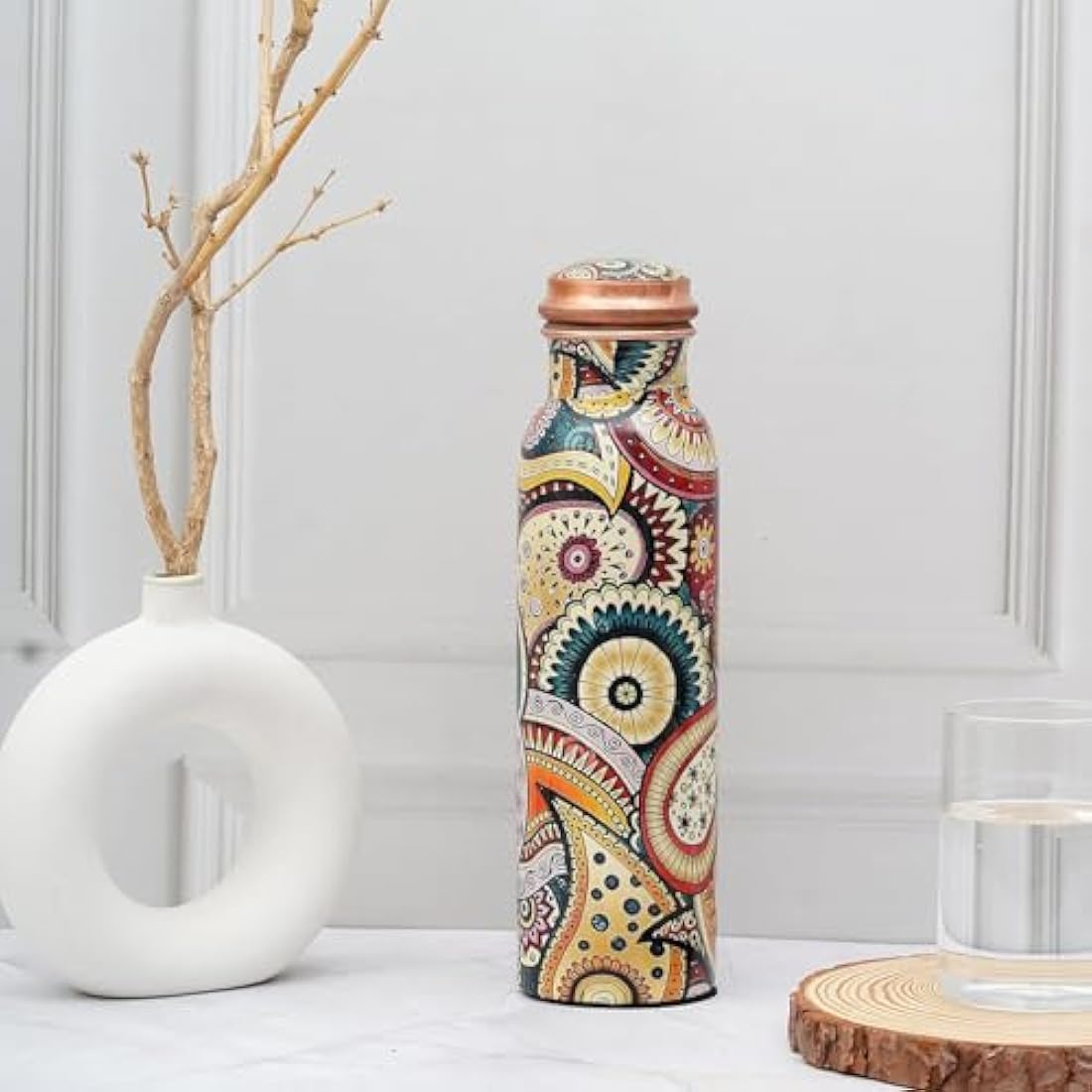 Craft Trade Set of 2 Printed Pure Copper Bottle with Lid and Carry Bag for Drinking Water BPA Free Leak Proof Boosts Immunity, Supports Digestive & Ayurveda Inspired 34oz - 1 Litre