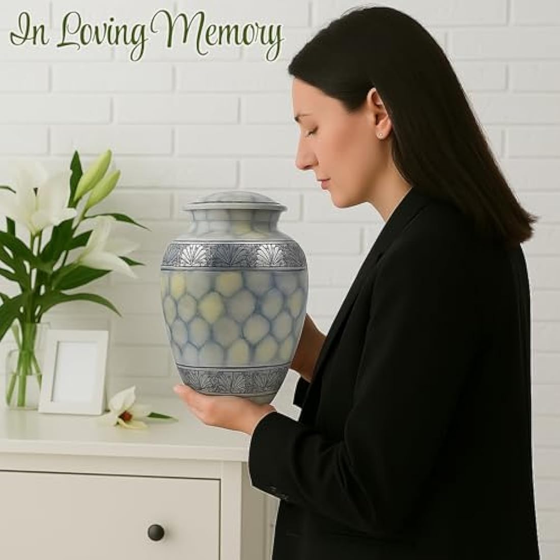Silver Engraved Adult Cremation Urn for Human Ashes - Handcrafted Funeral Memorial Large Burial Urn (7.5" x 7.5" x 9.5"- 200lbs or 91kg, Cloud White) - Bag Included