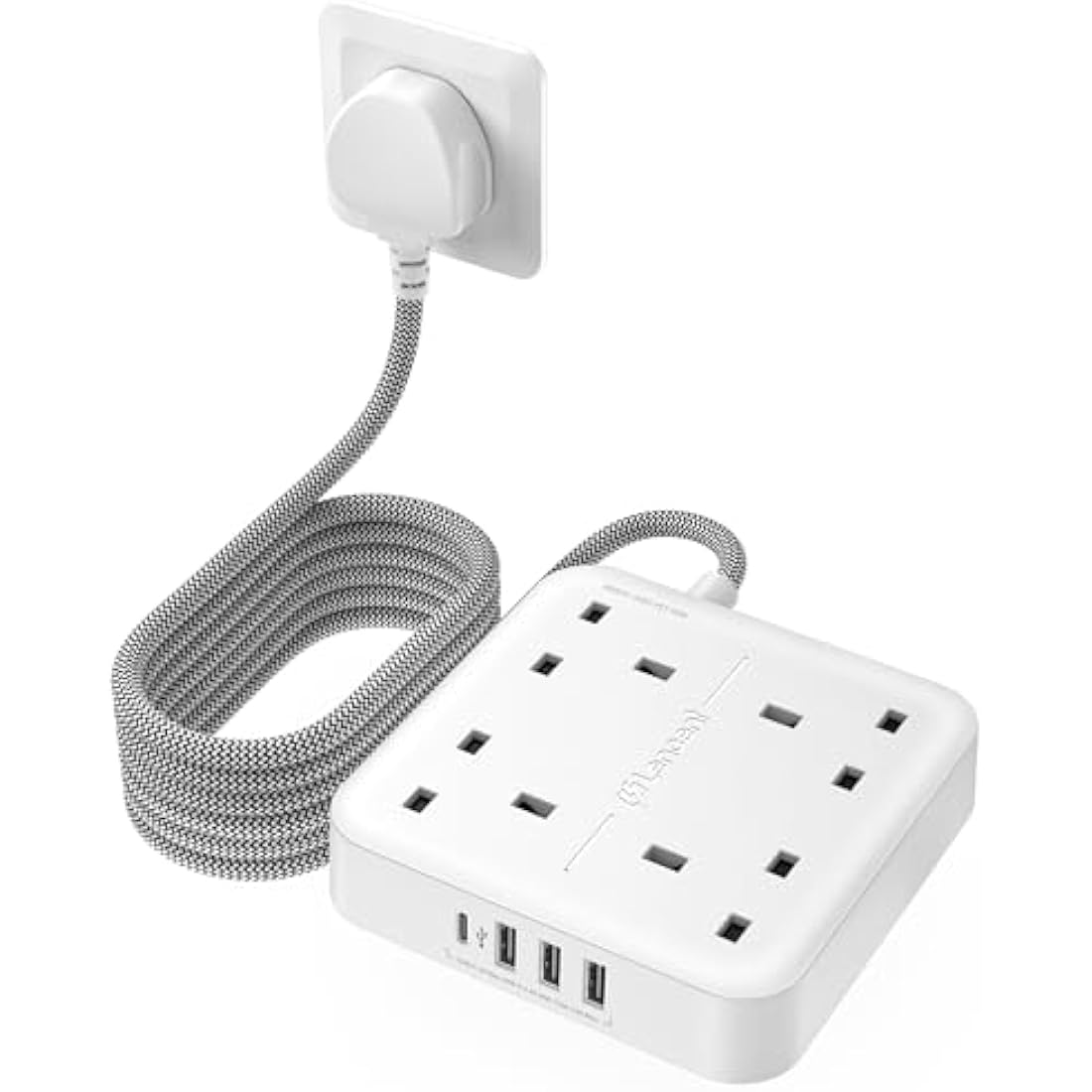 LENCENT 3M Extension Lead with USB C Port (3250W 13A), 4 Way Outlets Power Strip with 1 USB-C and 3 USB Slots, Multi Power Plug Extension with 3M Braided Extension Cord for Home Office- White