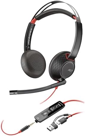 Poly Blackwire 5220 Wired Headset - Flexible Noise-Canceling Boom Mic - Ergonomic Design - Connect to PC/Mac, Mobile via USB-C, USB-A, or 3.5 mm - Works w/Teams, Zoom