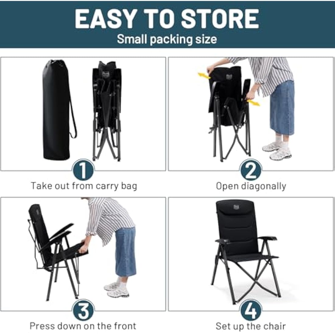 TIMBER RIDGE Camping Chairs for Adults Heavy Duty, Oversized Folding Garden Chair, High Back Outdoor Chair Luxury for Caravan Dining Beach Picnic, Adjustable 4-Position, Support 150kg, Black