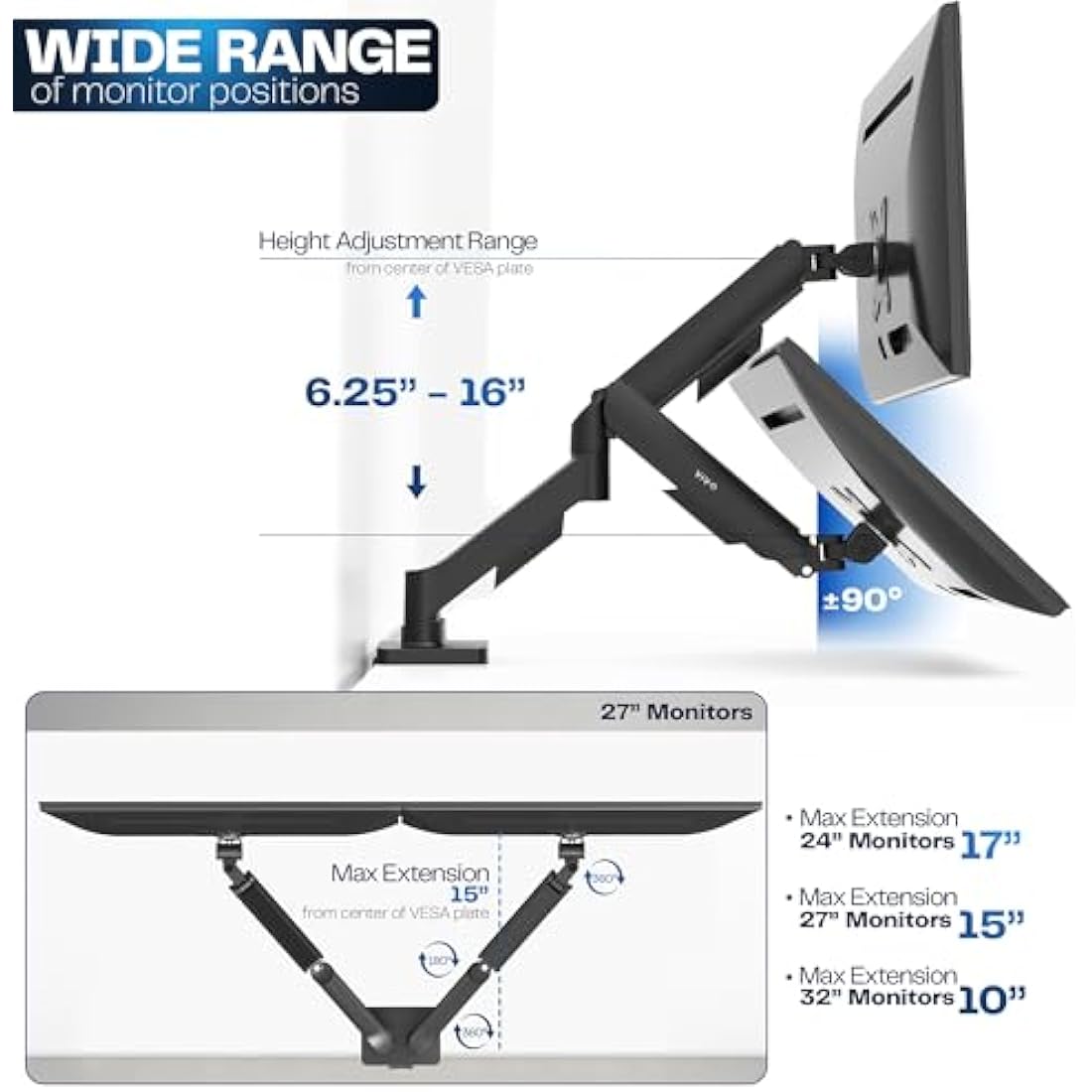 VIVO Dual Arm Monitor Desk Mount Height Adjustable, Tilt, Swivel, Counterbalance Pneumatic Stand, VESA Bracket Arm Fits Most Screens up to 32 inches, Classic, STAND-V002O