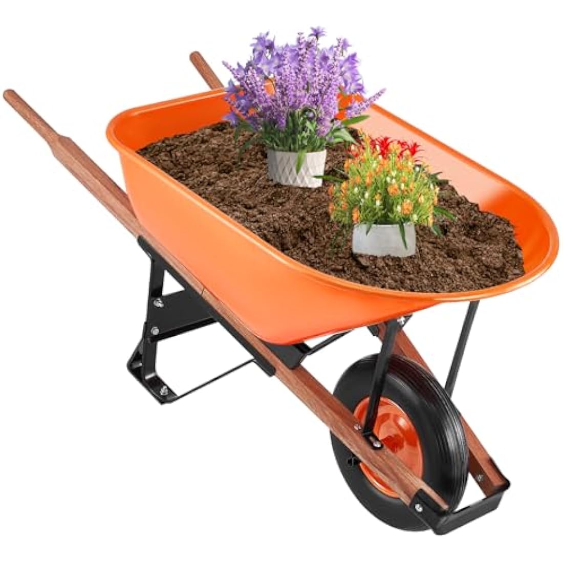VEVOR Wheelbarrow, 6 Cu. Ft 330 lbs Capacity, One Garden Dump Barrow with Metal Handle & 16" Wide Track Wheels, Easy Loading Utility Yard Cart & Wagons for Lawn Farm, Orange+Black