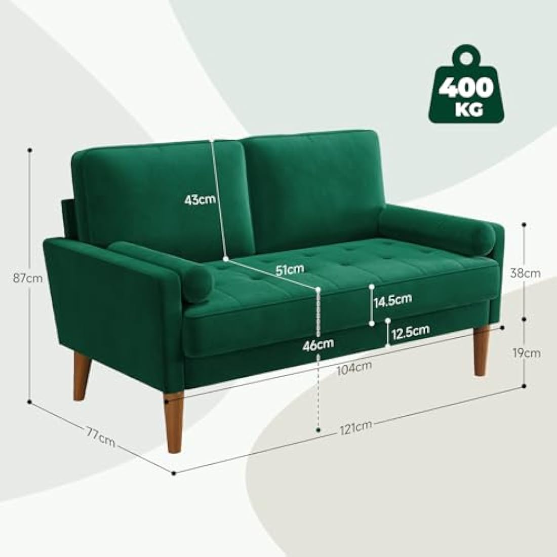 Vesgantti Small 2 Seater Sofa Green, Comfy Couch with Spring Cushion, Velvet Sofa with Wood Legs, Modern Love Seat Sofa 2 Seater for Living Room, Small Couch for Bedroom, Green Office Couch
