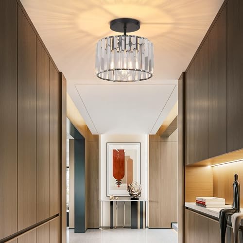 ZYDTRIP Crystal Ceiling Light Fixture Semi Flush Mount Ceiling Lamp Modern Black Crystal Chandelier for Living Room Hallway Dining Room Kitchen