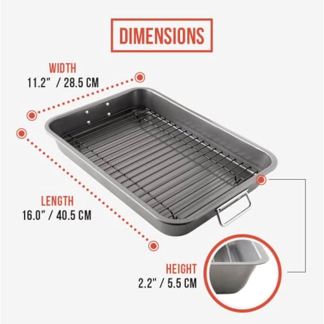 Chef Pomodoro Nonstick Carbon Steel Roasting Pan Roaster with Flat Rack, 16 x 11-Inch (41cm x 28 cm), Large, Grey, Bakeware Rectangular Oven BBQ Baking