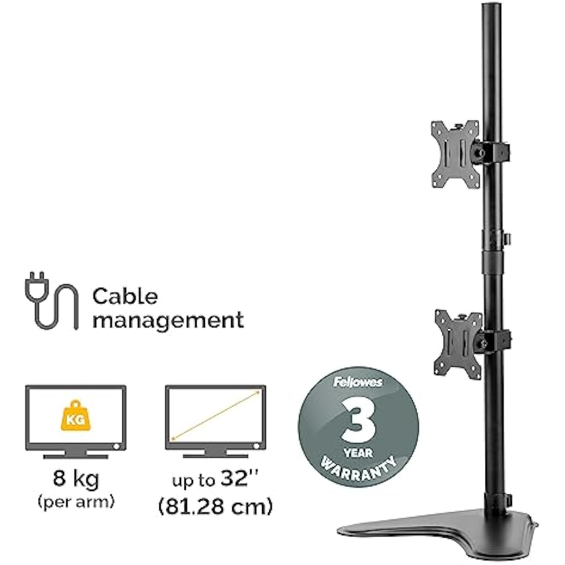 Fellowes Dual Stacking Monitor Arm - Seasa Freestanding Monitor Mount for 8KG 32 inch Screens - Ergonomic Adjustable Monitor Arm - Tilt 45° Pan 120° Rotation 360°, VESA 75 x 75/100 x 100 - Black