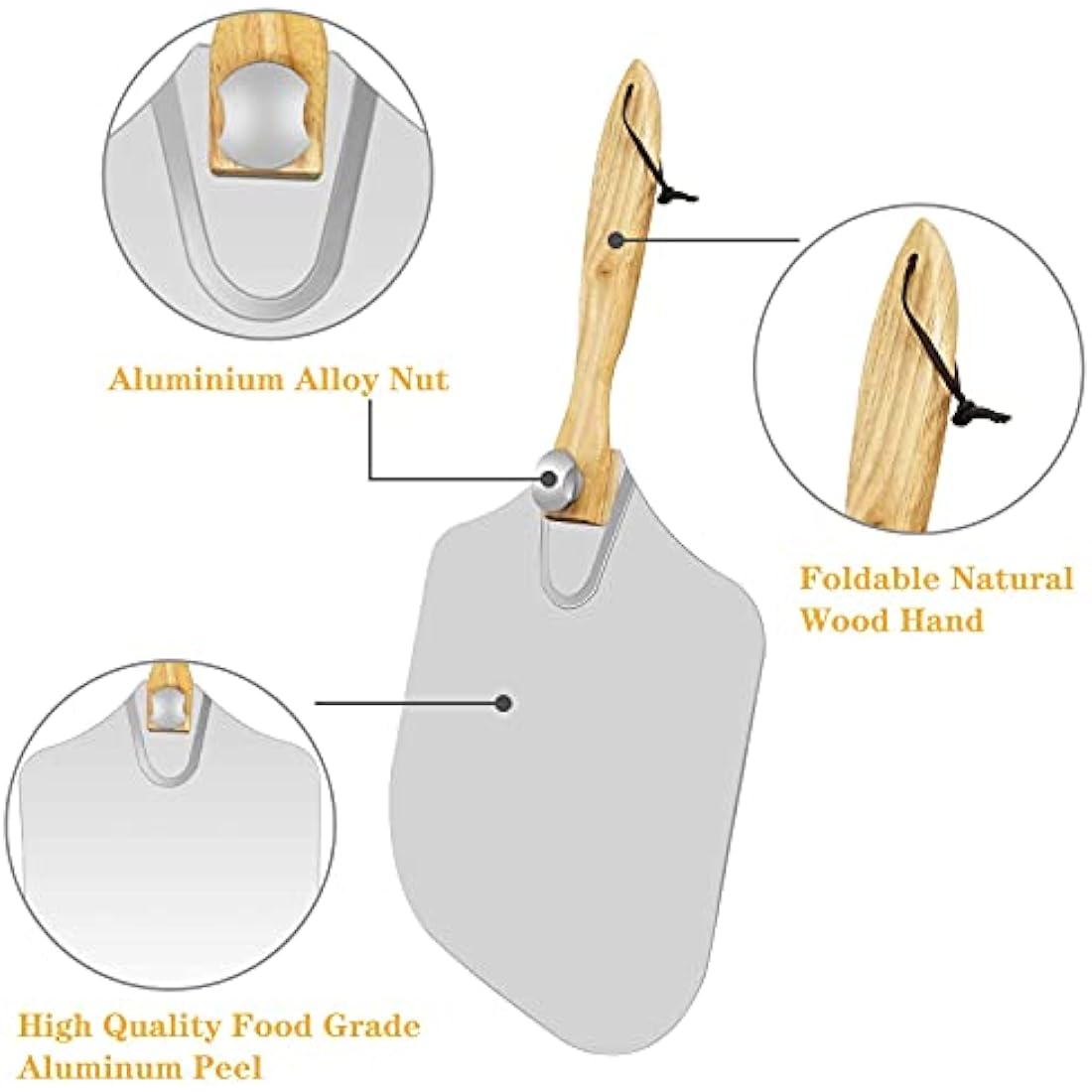 LKE Pizza Peel Aluminum Metal Pizza Paddle with Foldable Wood Handle Easy Storage Pizza Shovel 12 inch for Baking Homemade Pizza