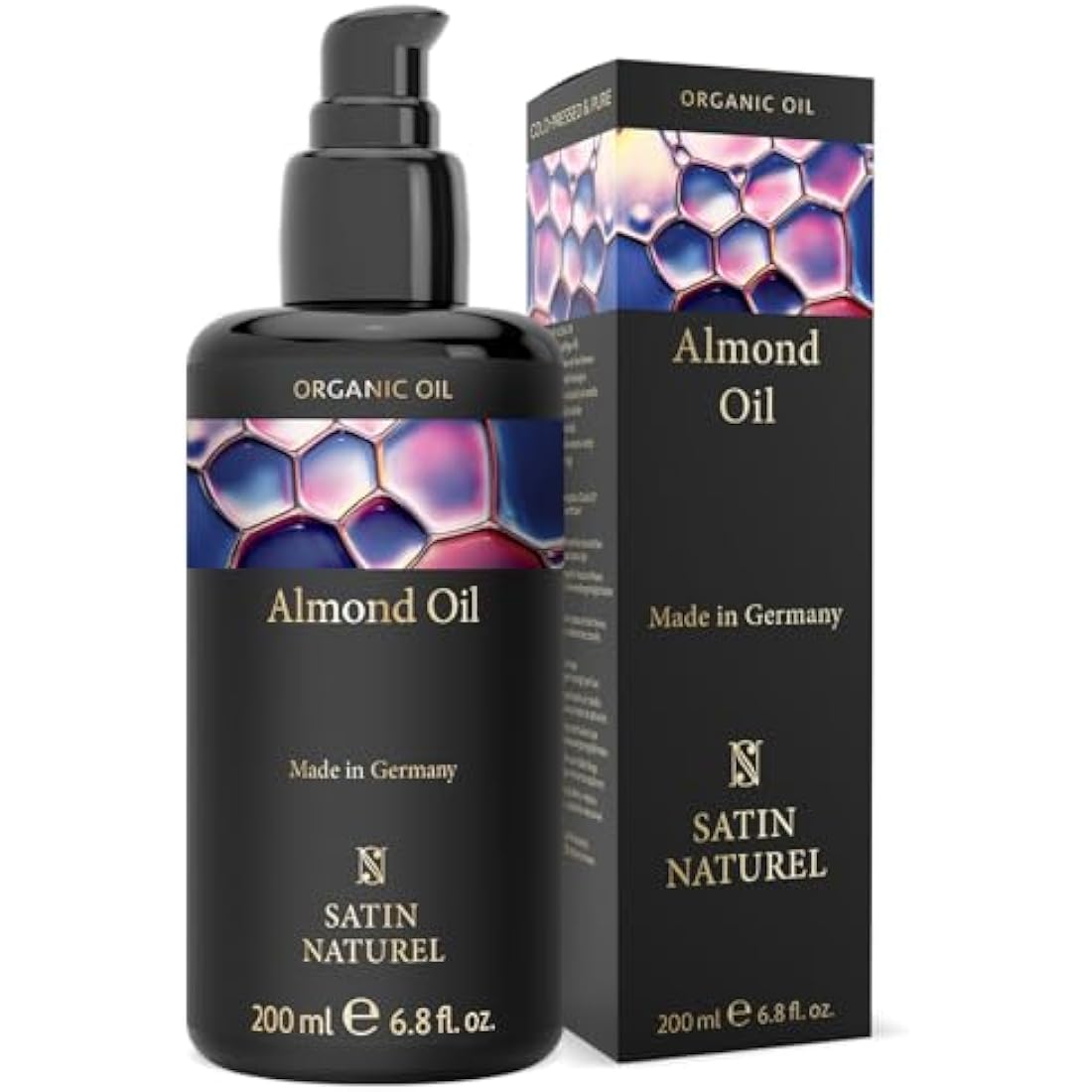 Satin Naturel Organic Almond Oil 200ml – Cold-Pressed, 100% Pure & Natural – Rich in Vitamins for Skin, Hair & Nails – Vegan Natural Cosmetic in Glass Bottle