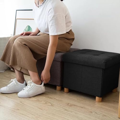BRIAN & DANY Folding Ottoman Storage Box with Wood Legs, Linen Foot Stool, Footstool with Storage, Highly Elastic Sponge Filling, Black, 38 x 38 x 38