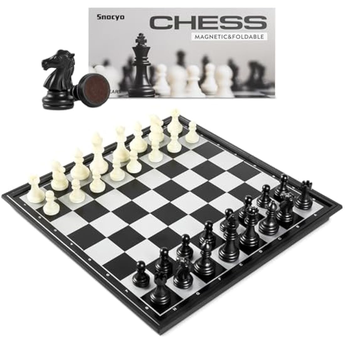 Snocyo Chess Set, Folding Chess Board, Magnetic Chess Pieces, Travel Chess Games Toys for Kids Adults, Portable Chess Board Set, Educational Board Games Gifts (Black/White)