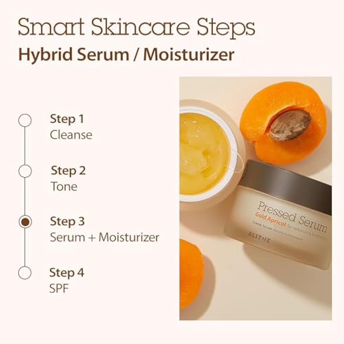 BLITHE Pressed Serum Gold Apricot – Hydrating serum with apricot extract and niacinamide, for dry and radiant skin, with a bouncy texture, Korean skincare (50 ml)