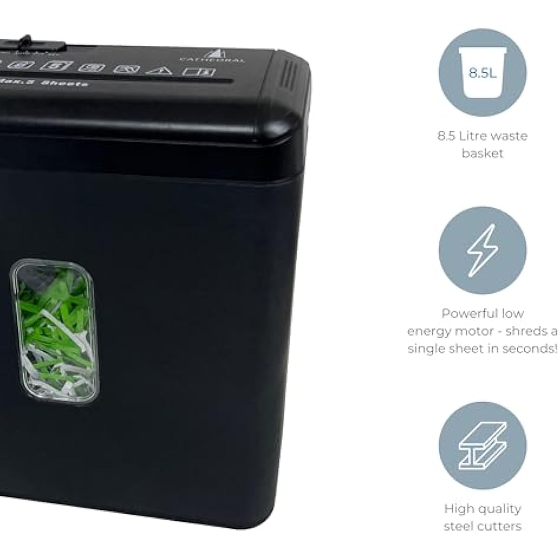 Cathedral Products 5 Sheet P3 Cross Cut Shredder with 8.5 Litre Bin, Auto Paper Detection & Forward and Reverse Functions