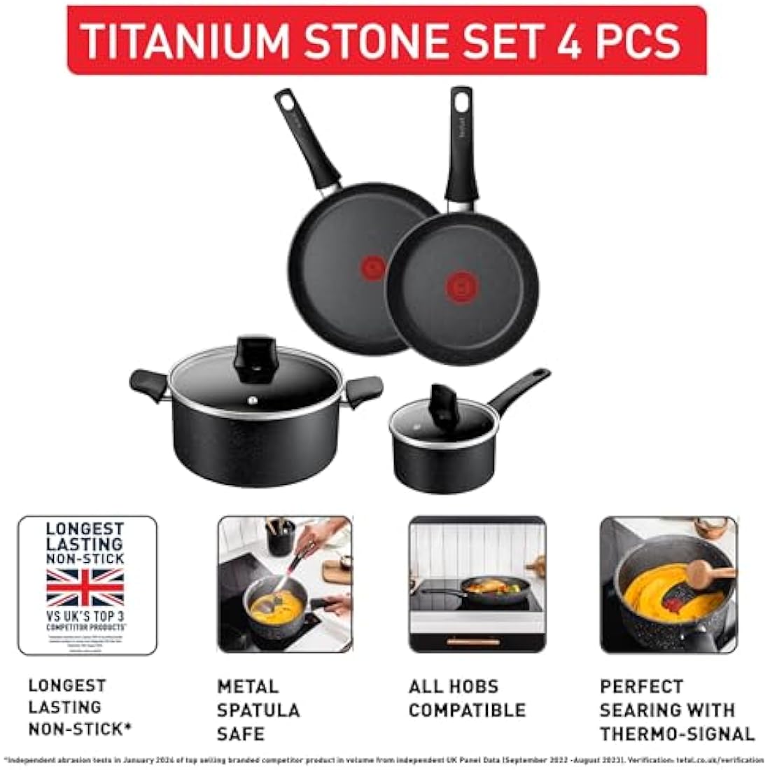 Tefal Titanium Stone Induction Non-Stick 4pc Set: Frying pan 20/26cm, Saucepan 16cm & Stewpot 24cm + lid, High-Performance Non-Stick Coating, Metal Safe, All Hobs Including Induction, E105S445