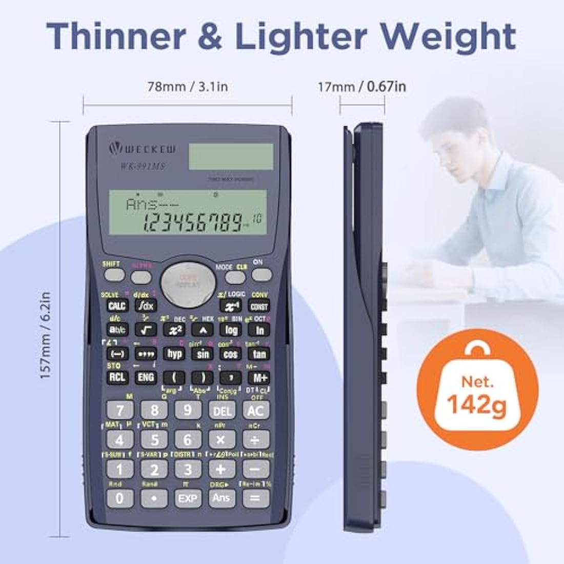 WECKEW Scientific Calculator, Engineering Scientific Calculator with Solar Power. 401 Function, 2-Line LCD Display - Suitable for School Students, Teachers and Business Use，Perfect for GCSE