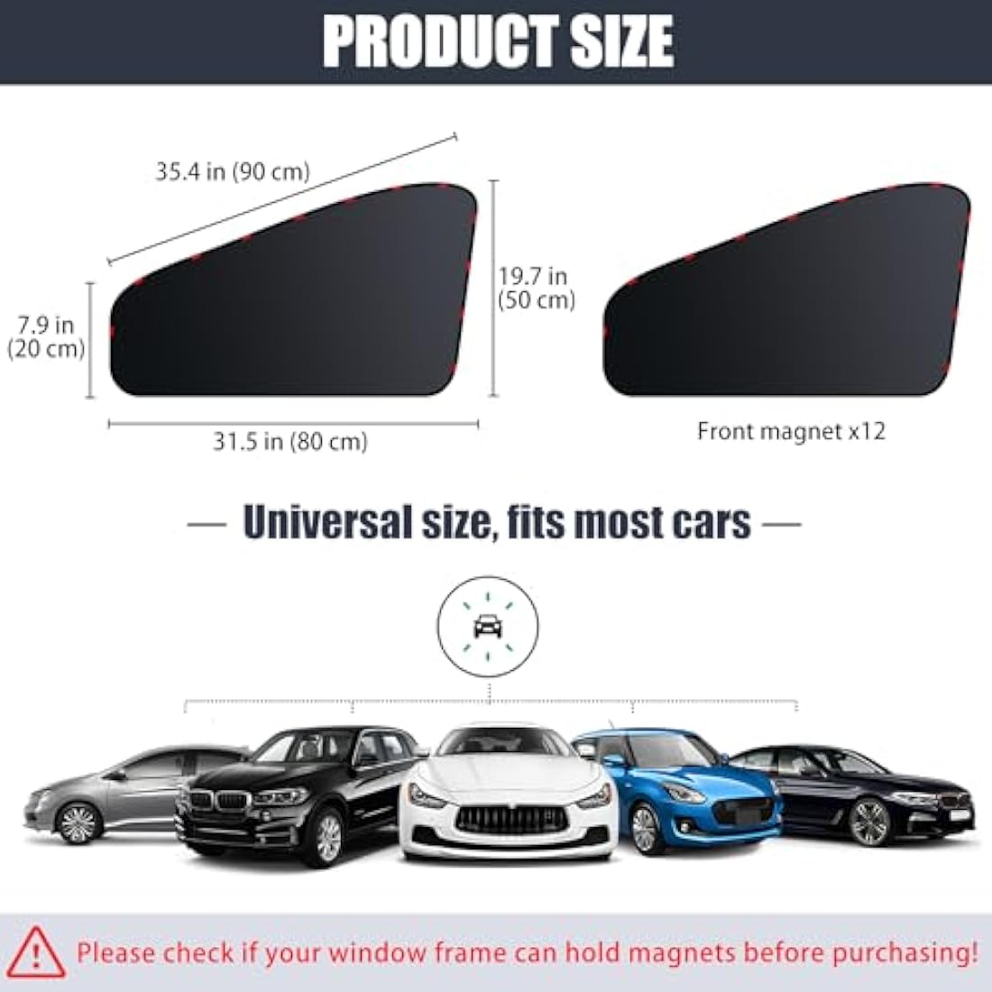 ZATOOTO Car Side Window Shades, Magnetic Car Sunshades for Blockout, Privacy, Opaque, Black, 2PCS