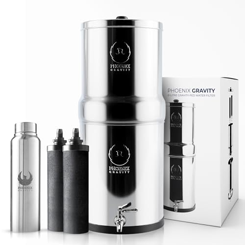 PHOENIX GRAVITY 8-Litre Stainless Steel Gravity Water Filter NSF Certified AISI 304 Countertop Water Filter System with 2 Smart (Black) Carbon Cartridges, Free Water Tap, No Power Or Plumbing Required