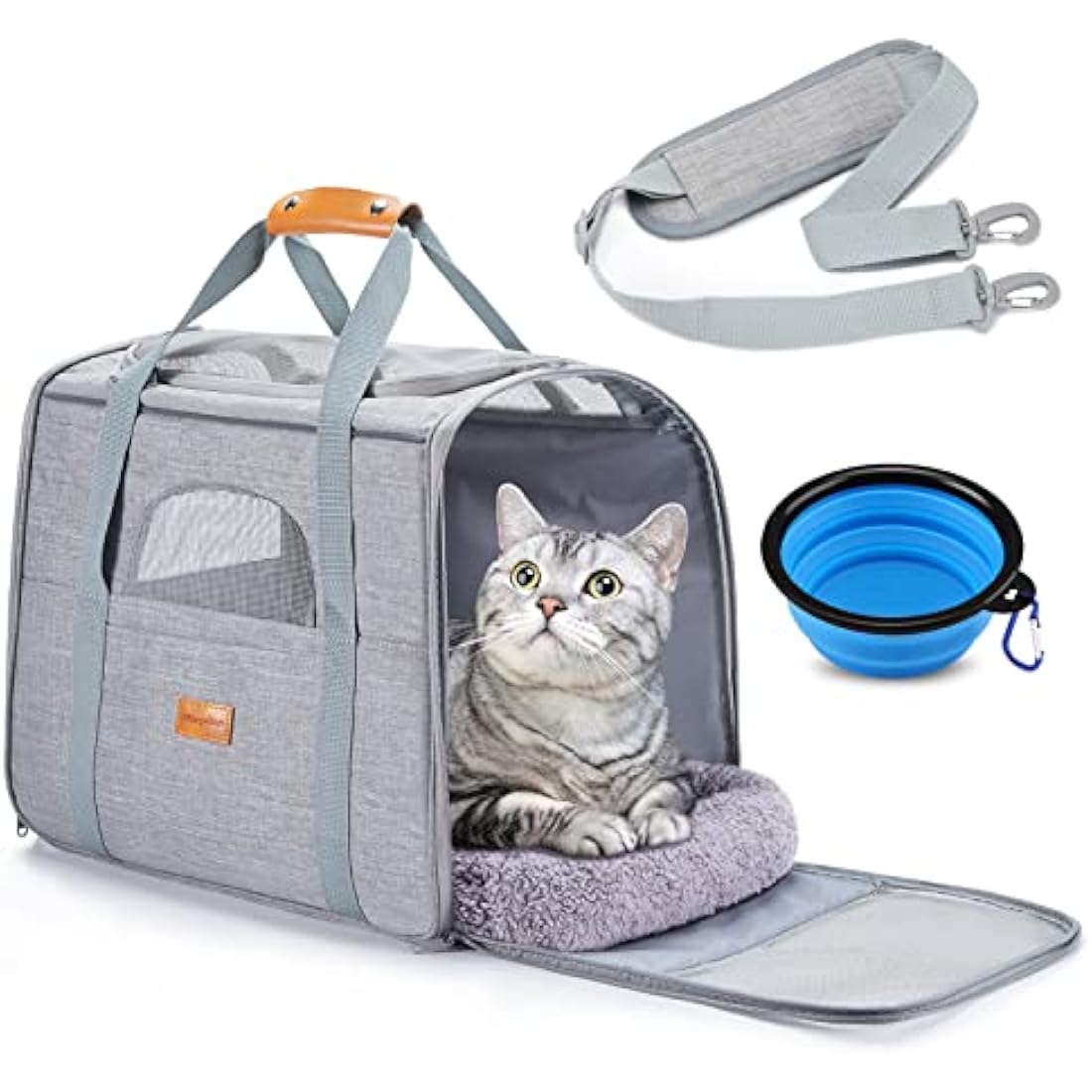 Morpilot Cat Carrier, Airline Approved Pet Carrier, Portable Dog Bag Carrier, Breathable Small Pet Carrier Travel Cage with Adjustable Shoulder Strap and Pet Bowl Light Grey