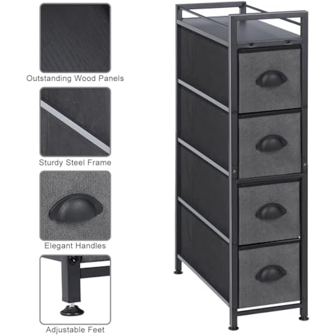 LIANTRAL Vertical Slim Chest of Drawers with 4 Fabric Drawers, Fabric Chest of Drawers Storage Tower Large Capacity Dresser for Bedroom Living Room Bathroom Entrance Narrow Space, Black and Dark Grey