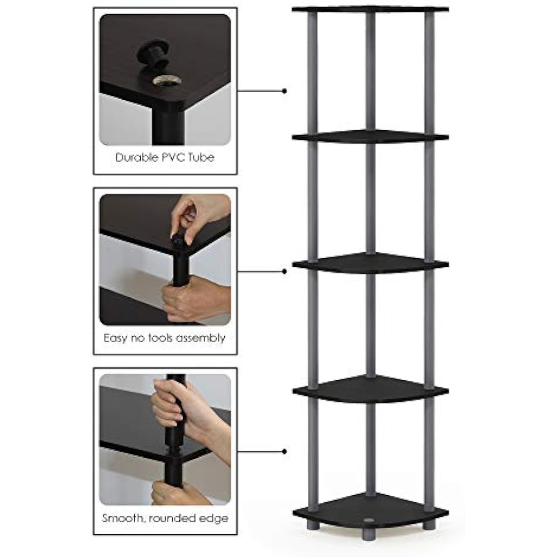 Furinno Turn-N-Tube 5 Tier Corner Display Rack Multipurpose Shelving Unit, Black/Grey