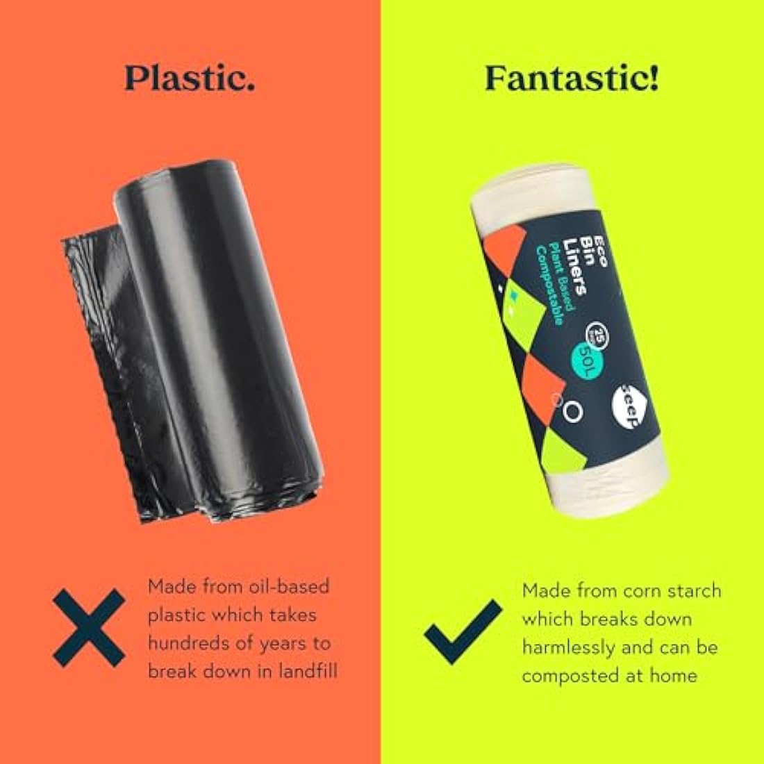 Seep Compostable 25 x 50 Litre Bin Bags- Eco Friendly Bin Liners - Large Kitchen BinBags - 50L Biodegradable Clear Bags - 1 Roll