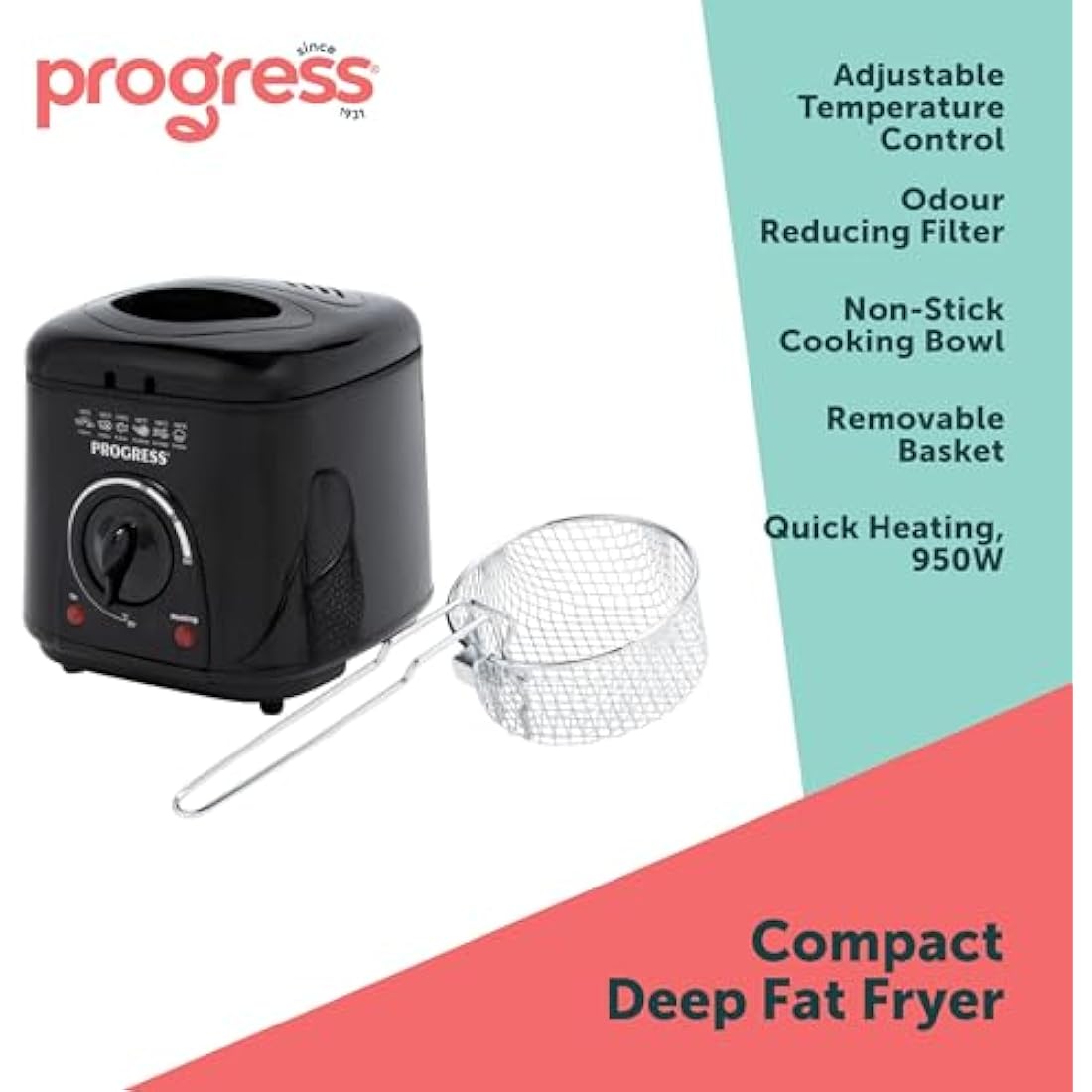 Progress 1L Compact Deep Fat Fryer – Adjustable Temperature Control, Power Lights, Filter to Reduce Odours, Non-Stick Cooking Bowl, Viewing Window, Removable Basket, 950W, Black EK2969PBLK