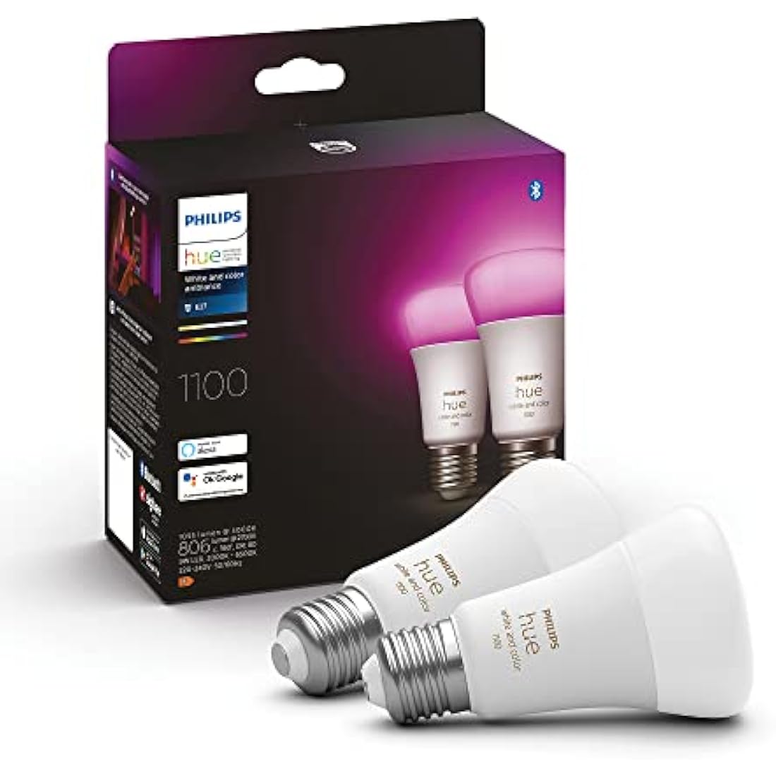 Philips Hue White and Colour Ambiance Smart Light Bulb 2 Pack 75W - 1100 Lumen [E27 Edison Screw] with Bluetooth. Works with Alexa, Google Assistant and Apple Homekit