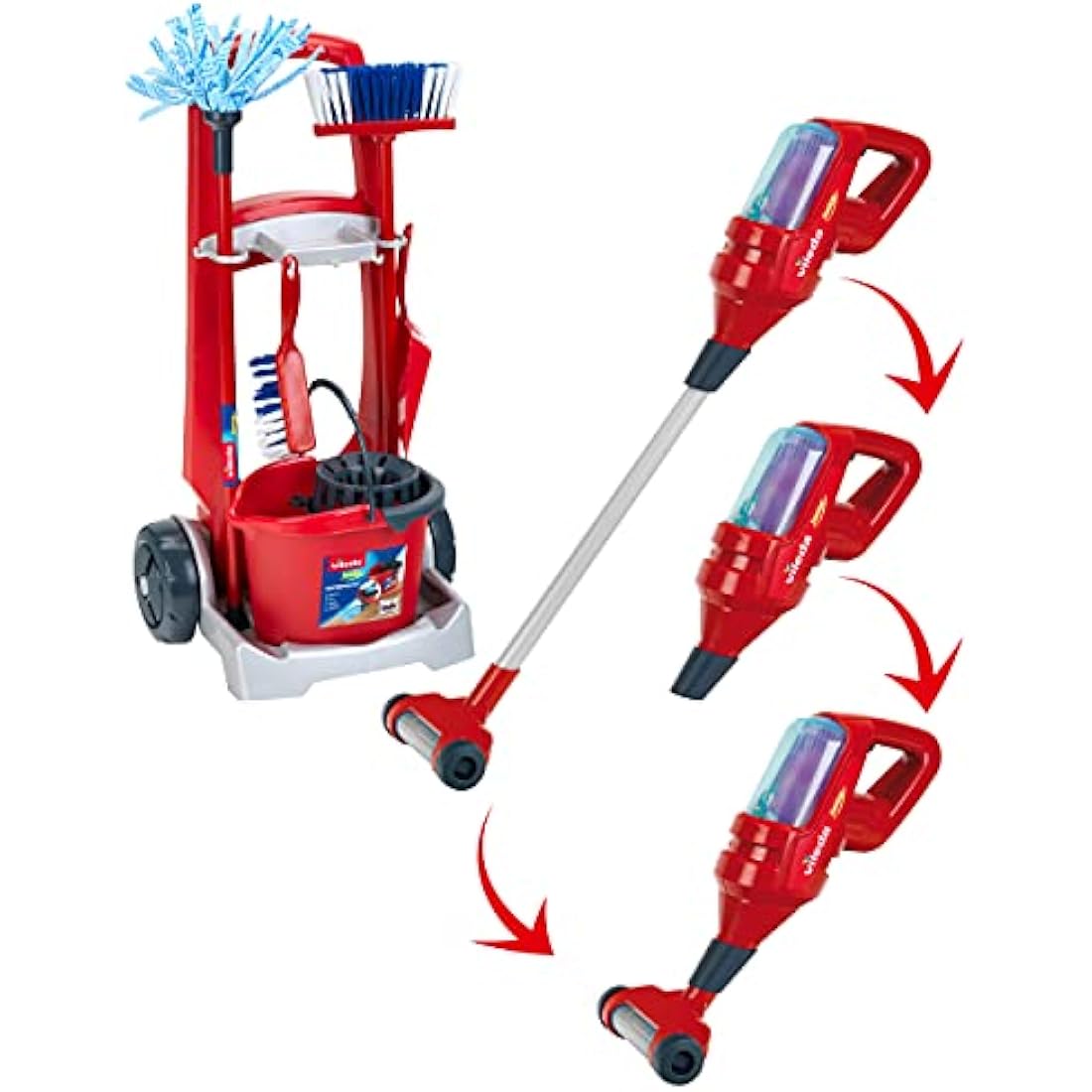 Theo Klein 6720 Vileda broom trolley with upright vacuum cleaner I Incl. Accessories such as mop, bucket, brush and dustpan I Dimensions: 29 cm x 24 cm x 60 cm I Toys for children aged 3 and over
