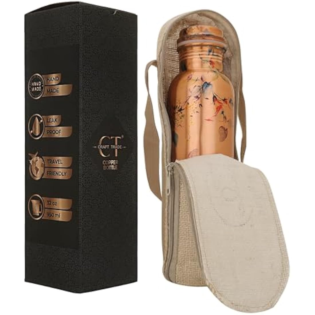 Craft Trade Printed Copper Bottle with Lid and Carry Bag for Drinking Water BPA Free Leak Proof Boosts Immunity, Supports Digestive & Liver Health 34oz - 1 Litre